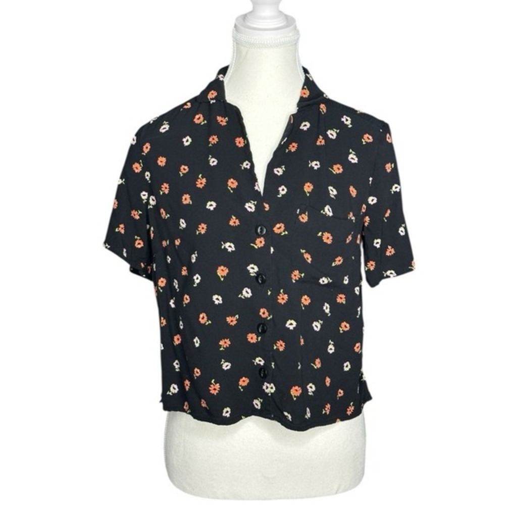 BP Black Floral Button‎ Front Short Sleeve Viscose Camp Shirt XS BP448544MI
